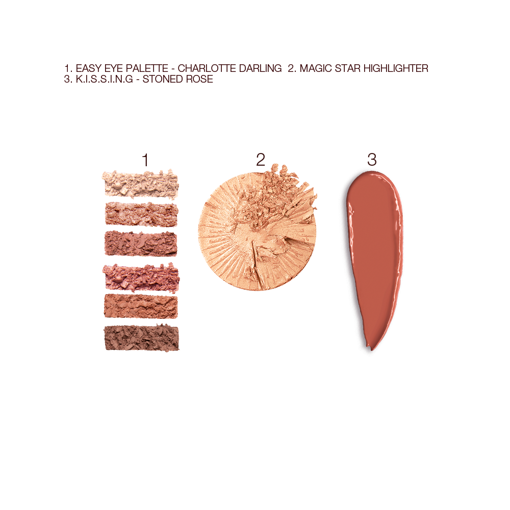 Swatches of six matte and shimmery eyeshadows in shades of pink, pink, and brown, lipstick in a nude brick rose shade, and a highlighter compact in a soft gold shade.