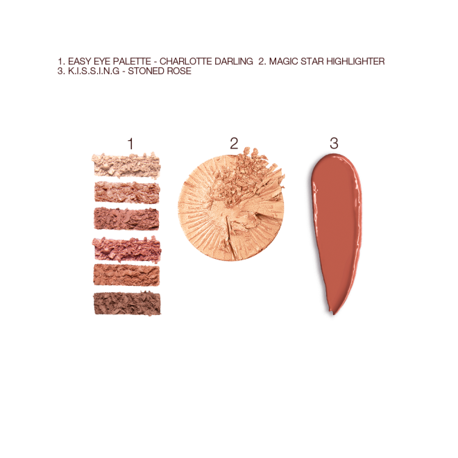 Swatches of six matte and shimmery eyeshadows in shades of pink, pink, and brown, lipstick in a nude brick rose shade, and a highlighter compact in a soft gold shade.