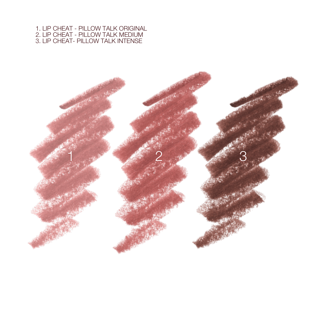 Swatches of three lip liners in nude pink, berry-brown, and dark brown.