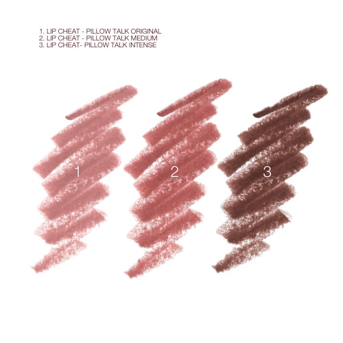 Swatches of three lip liners in nude pink, berry-brown, and dark brown.