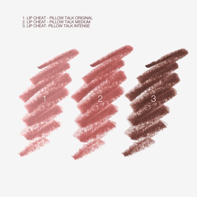 Pillow Talk Lip Cheat swatches Swatches of three lip liners in nude pink, berry-brown, and dark brown.
