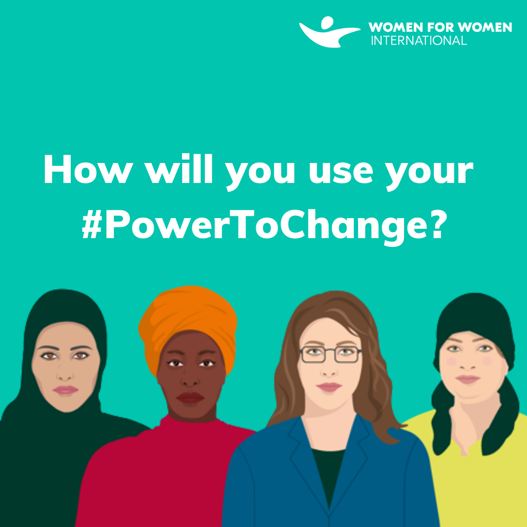 Blue-coloured banner with an illustration of four women of different ethnicities, along with text on the banner that reads, 'How will you use your #powertochange?'