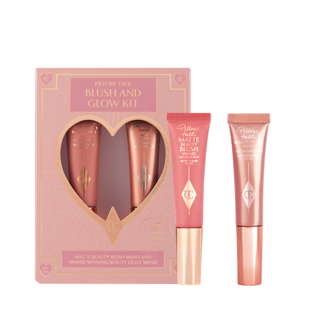 Charlotte's Blush and Glow Kit! A pre-kitted bundle of a liquid blush and liquid highlighter in dusty pink shades, in dusty pink packaging.