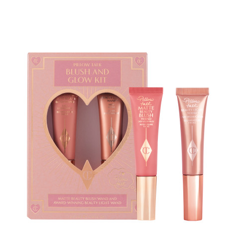 A pre-kitted bundle of a liquid blush and liquid highlighter in dusty pink shades, in dusty pink packaging.