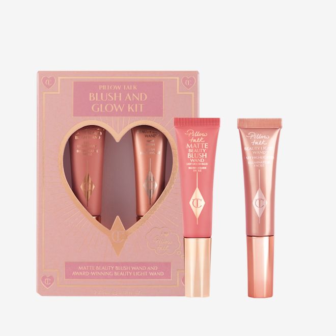 Charlotte's Blush and Glow Kit! A pre-kitted bundle of a liquid blush and liquid highlighter in dusty pink shades, in dusty pink packaging.