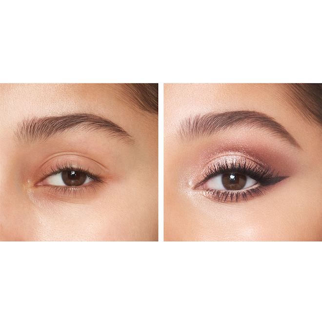 Hollywood Flawless Eye Filter in Star Aura before and after on brown eye close-up Eye close-up of a light-tone model with brown eyes showing a before and after of eye with no makeup and then wearing a shimmery rose gold, smokey redwood, and champagne eyeshadow with black eyeliner.