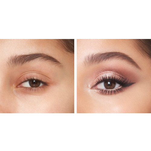 Eye close-up of a light-tone model with brown eyes showing a before and after of eye with no makeup and then wearing a shimmery rose gold, smokey redwood, and champagne eyeshadow with black eyeliner.