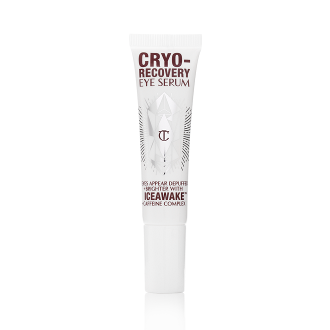 A closed, white-coloured eye serum tube with silver-colour geometric patterns on the front and text written on it that reads, 'eye appear depuffed and brighter with Iceawake, caffeine complex'