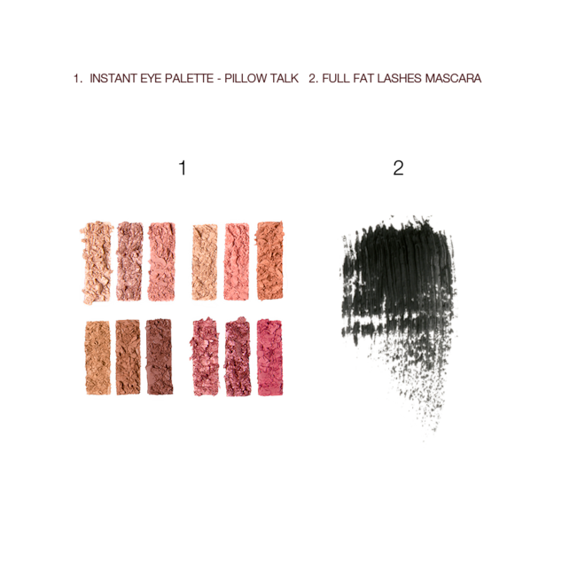 Pillow Talk Eyeshadow palette & Full Fat Lashes mascara swatches Swatch of a jet-black mascara next to twelve, crushed, rectangular eyeshadows in shades of pink, peach, brown, and champagne.