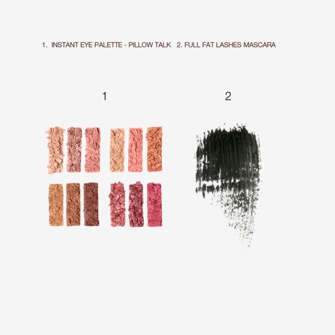 Pillow Talk Eyeshadow palette & Full Fat Lashes mascara swatches Swatch of a jet-black mascara next to twelve, crushed, rectangular eyeshadows in shades of pink, peach, brown, and champagne.