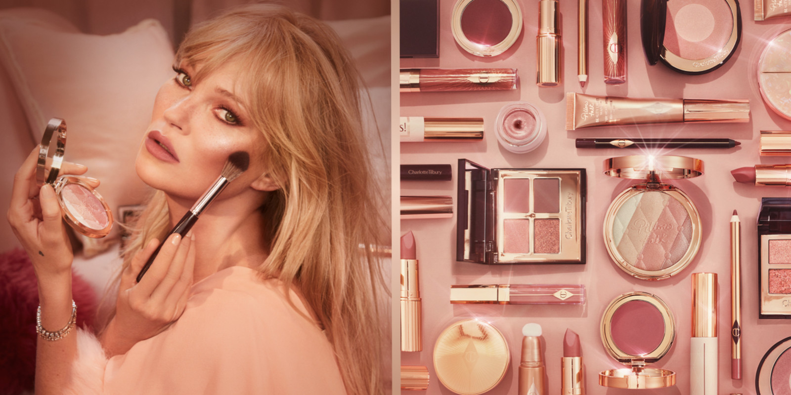 Banner with half of it a fair-tone model with blue eyes wearing nude pink matte lipstick with shimmery rose gold eye makeup and applying a glowy, cool-toned nude-pink highlighter applied, while the other half of the banner shows a collection of makeup items in various shades of pink.
