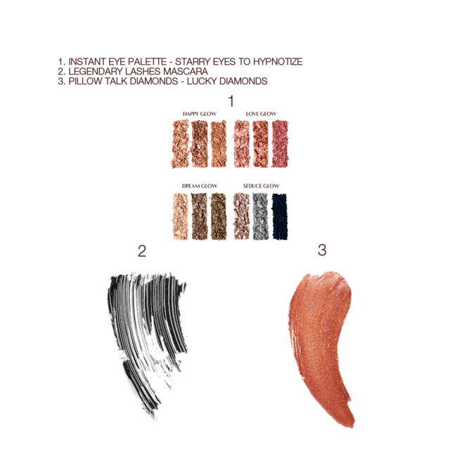 Swatches of twelve shimmery and matte eyeshadows in smokey grey, pink, and brown shades, a black mascara, and a terracotta-brown sparkly lipstick. 