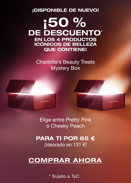 ¡VUELVE A ESTAR DISPONIBLE! Charlotte’s Beauty Treats Mystery Box ¡50 % DE DESCUENTO* EN LOS 4 PRODUCTOS ICÓNICOS DE BELLEZA QUE CONTIENE! 