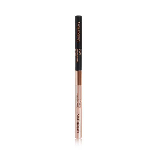 Closed black and champagne-nude eyeliner duo pencil in light gold and black-colour scheme. 