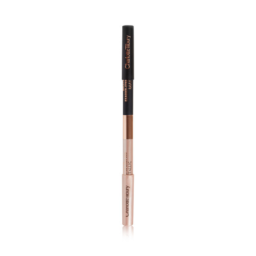 Closed black and champagne-nude eyeliner duo pencil in light gold and black-colour scheme. 