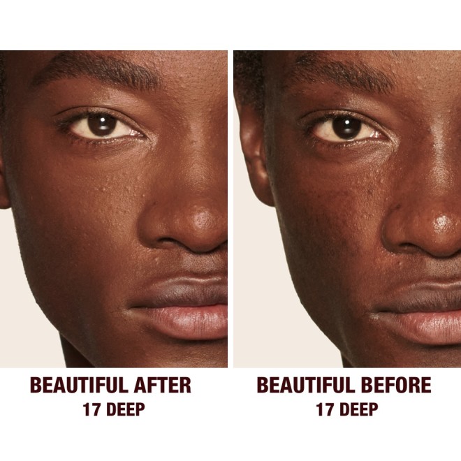 Before and after of a deep-tone model without any makeup in the before shot and then wearing a radiant, concealer that brightens, covers blemishes, and makes her skin look fresh along with nude lip gloss and subtle eye makeup.