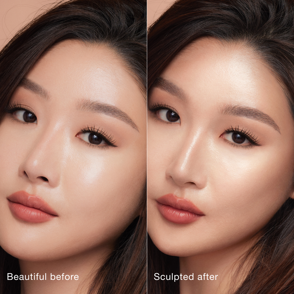 Side-by-side comparison of a person's face before and after makeup application. Left side labeled 'Beautiful before' shows natural features; right side labeled 'Sculpted after' shows enhanced contouring and highlighting for a more defined look.