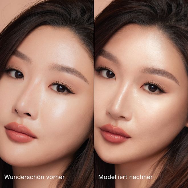 DE Contour Wand B&A Fair 1000x1000 Side-by-side comparison of a person's face before and after makeup application. Left side labeled 'Beautiful before' shows natural features; right side labeled 'Sculpted after' shows enhanced contouring and highlighting for a more defined look.