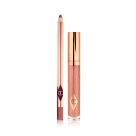 A closed, nude-pink lip gloss with a rose gold lid with an open, nude-pink lip liner pencil with a rose gold body. 
