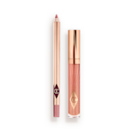 A closed, nude-pink lip gloss with a rose gold lid with an open, nude-pink lip liner pencil with a rose gold body. 