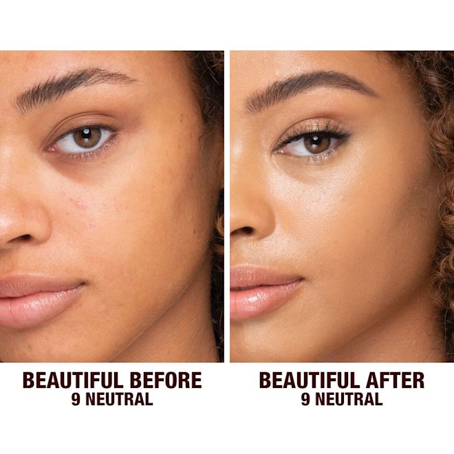 Beautiful Skin Foundation in 9N on deep-tone model before and after Before and after shots of a deep-tone model without any makeup and then wearing glowy, flawless skin, wearing skin-like foundation that adds a youthful glow and looks natural along with nude pink lipstick and subtle everyday eye makeup.