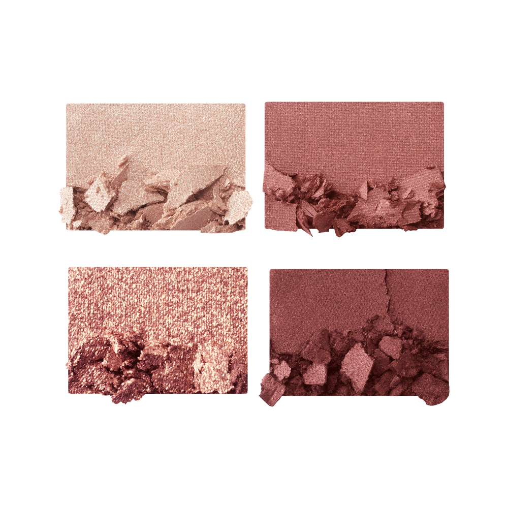 Swatches of four eyeshadows in shades of cream, rose-gold, berry-pink, and maroon.