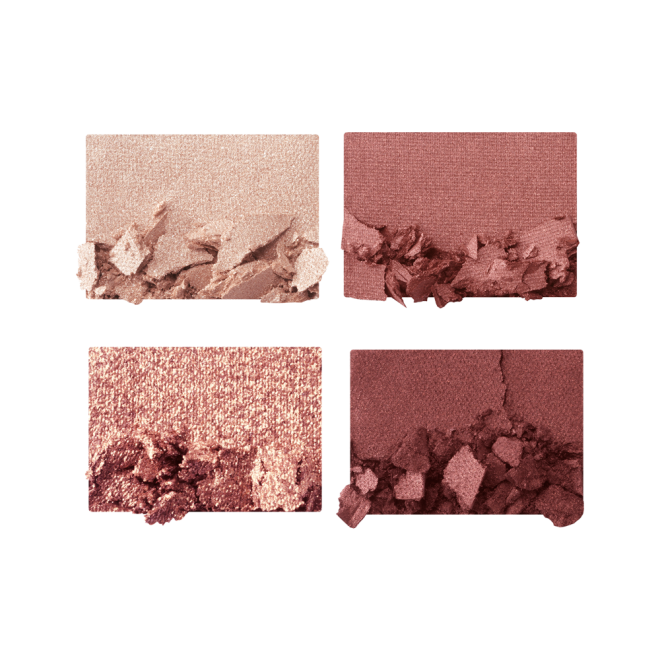 Swatches of four eyeshadows in shades of cream, rose-gold, berry-pink, and maroon.