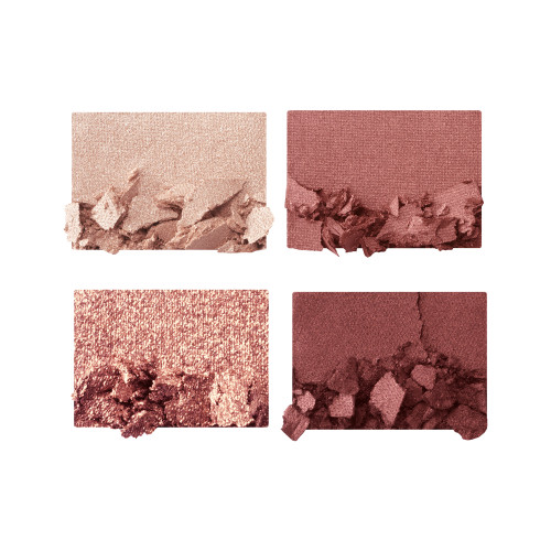 Swatches of four eyeshadows in shades of cream, rose-gold, berry-pink, and maroon.