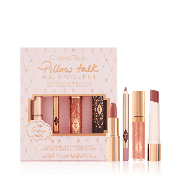 Pink-coloured lip kit that contains nude pink matte lipstick, baby pink lip liner pencil, soft pink high-shine lip gloss, and berry-red lipstick balm.