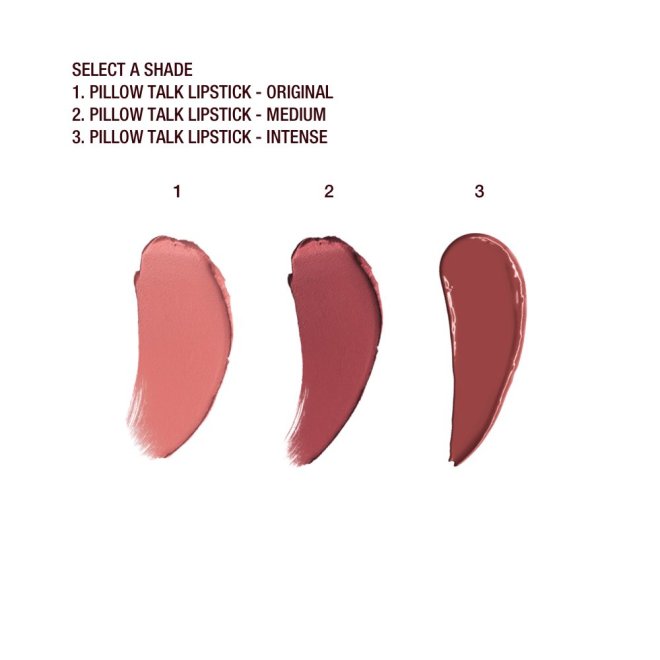 Swatches of two matte lipsticks in shades of nude pink and berry-rose, and a brown-pink lipstick with a satin finish. 