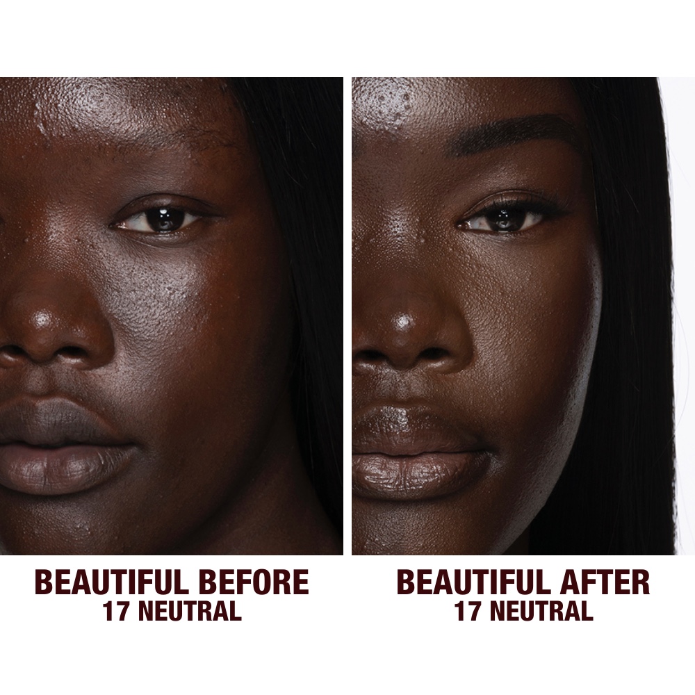 Before and after shots of a deep-tone model without any makeup and then wearing glowy, flawless skin, wearing skin-like foundation that adds a youthful glow and looks natural along with nude pink lipstick and subtle everyday eye makeup.