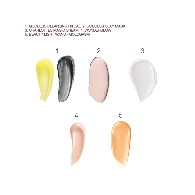 Swatches of yellow and black facial cleansers, a clay mask, a pearly white face cream, a pink champagne-coloured primer, and a champagne-gold-coloured liquid highlighter.