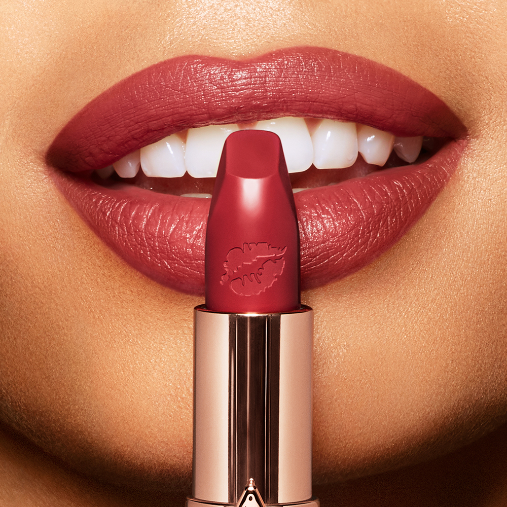 Close up of Viva La Vergara wine red lipstick for tan skin