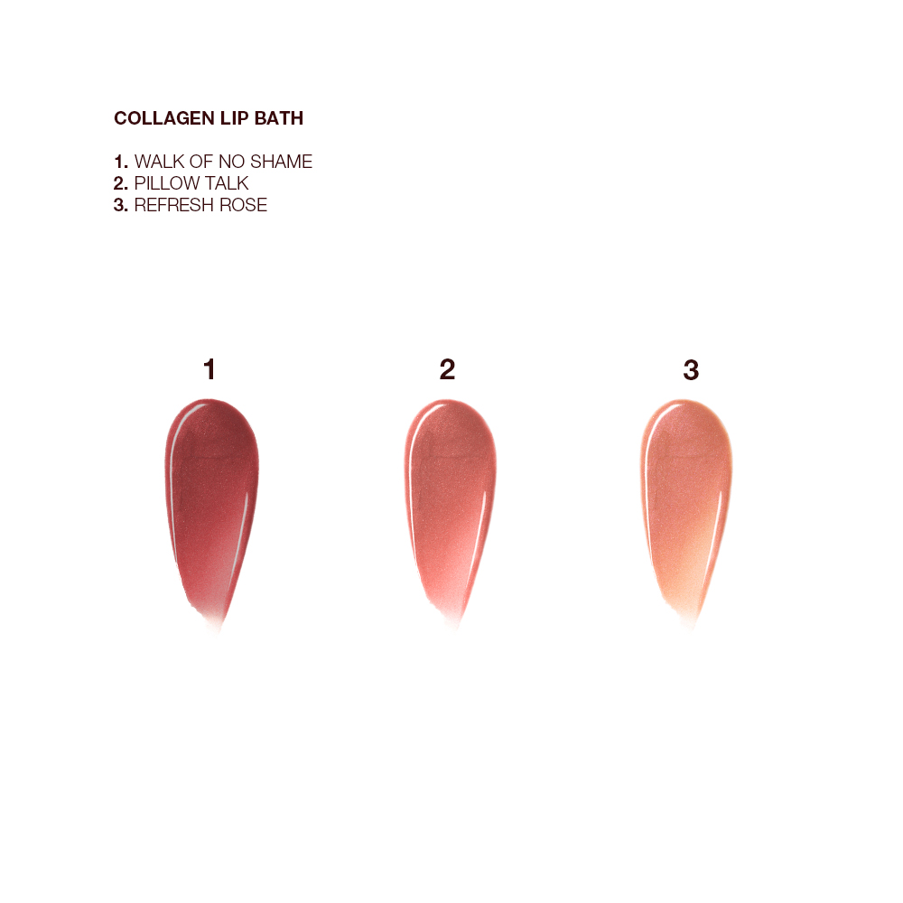 Swatches of lip gloss trio in shades of berry rose, nude pink, and rose gold.