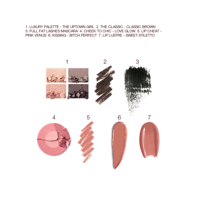 Swatches of a quad eyeshadow palette in shades of silver, grey, and gold, black eyeliner, black mascara, two-tone blush in medium pink and dusty pink, lip liner in nude pink, lipstick in medium brown, and lip gloss in nude pink. 