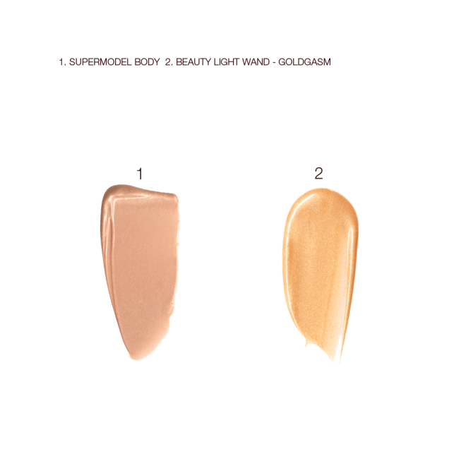 Swatches of liquid body highlighter in a golden beige shade and liquid face highlighter in a honey-gold shade.