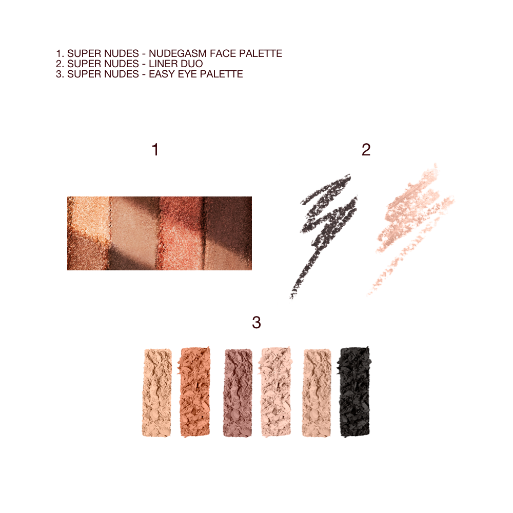 Swatches of a face palette with nude brown, gold, and coppery shades, dou eyeliner in black and shimmery beige, and a 6-pan eyeshadow palette with nude shades in brown, black, gold, and beige.
