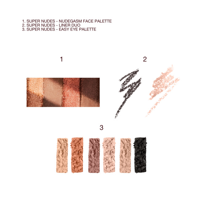 Swatches of a face palette with nude brown, gold, and coppery shades, dou eyeliner in black and shimmery beige, and a 6-pan eyeshadow palette with nude shades in brown, black, gold, and beige.