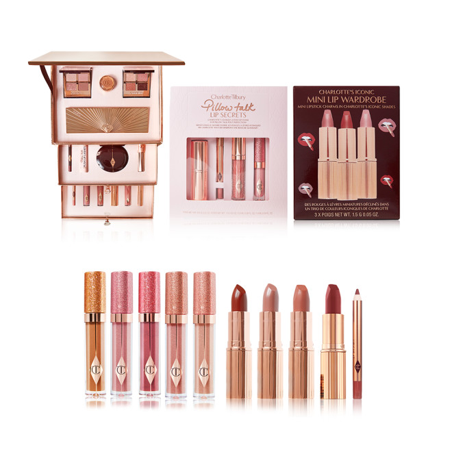 A makeup kit with quad eyeshadow palettes, cream eyeshadows, and 12-pan eyeshadow palette, highlighter compacts, lip pencils, mascara, eyeliner, lipstick, and lip glosses, pack of nude pink lipstick and lip glosses, lipstick trio gift boxes, shimmery lip glosses in five shades, matte and satin-finish lipsticks in nude shades, and lip liner pencil in pink.