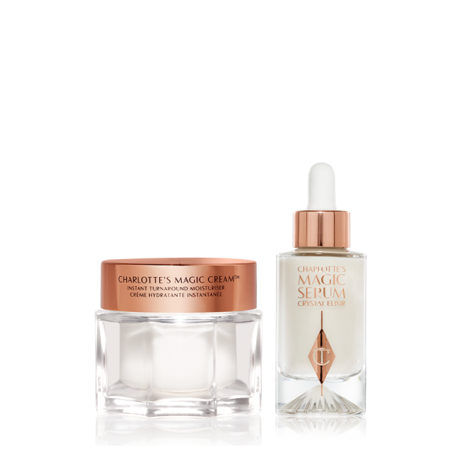 Luminous, ivory-coloured facial serum in a glass bottle with a white and gold-coloured dropper lid and pearly-white face cream in a glass jar with a gold-coloured lid.