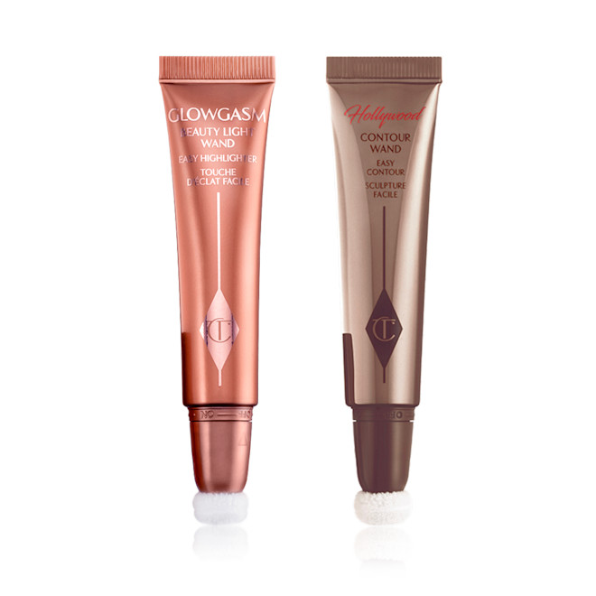 Beauty Light Wands in Pinkgasm & Hollywood Contour Wand closed Medium-pink liquid blush wand and glowy brown contour wand.