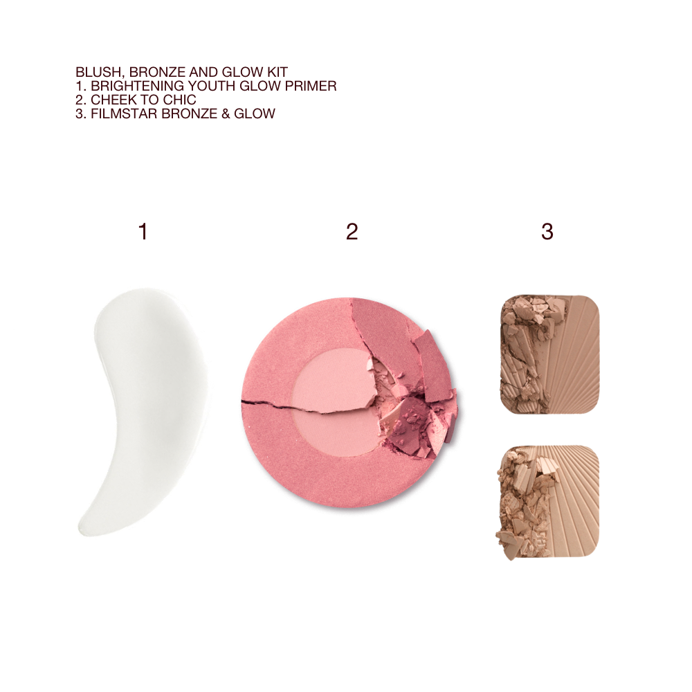 Swatches of a glowy primer, duo blush compact in medium pink and pearlescent pink, and duo contour compact for light to medium skin tone.