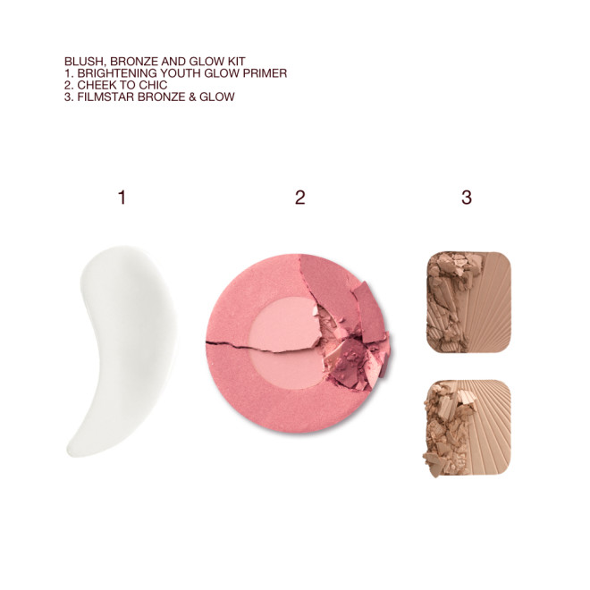 Swatches of a glowy primer, duo blush compact in medium pink and pearlescent pink, and duo contour compact for light to medium skin tone.
