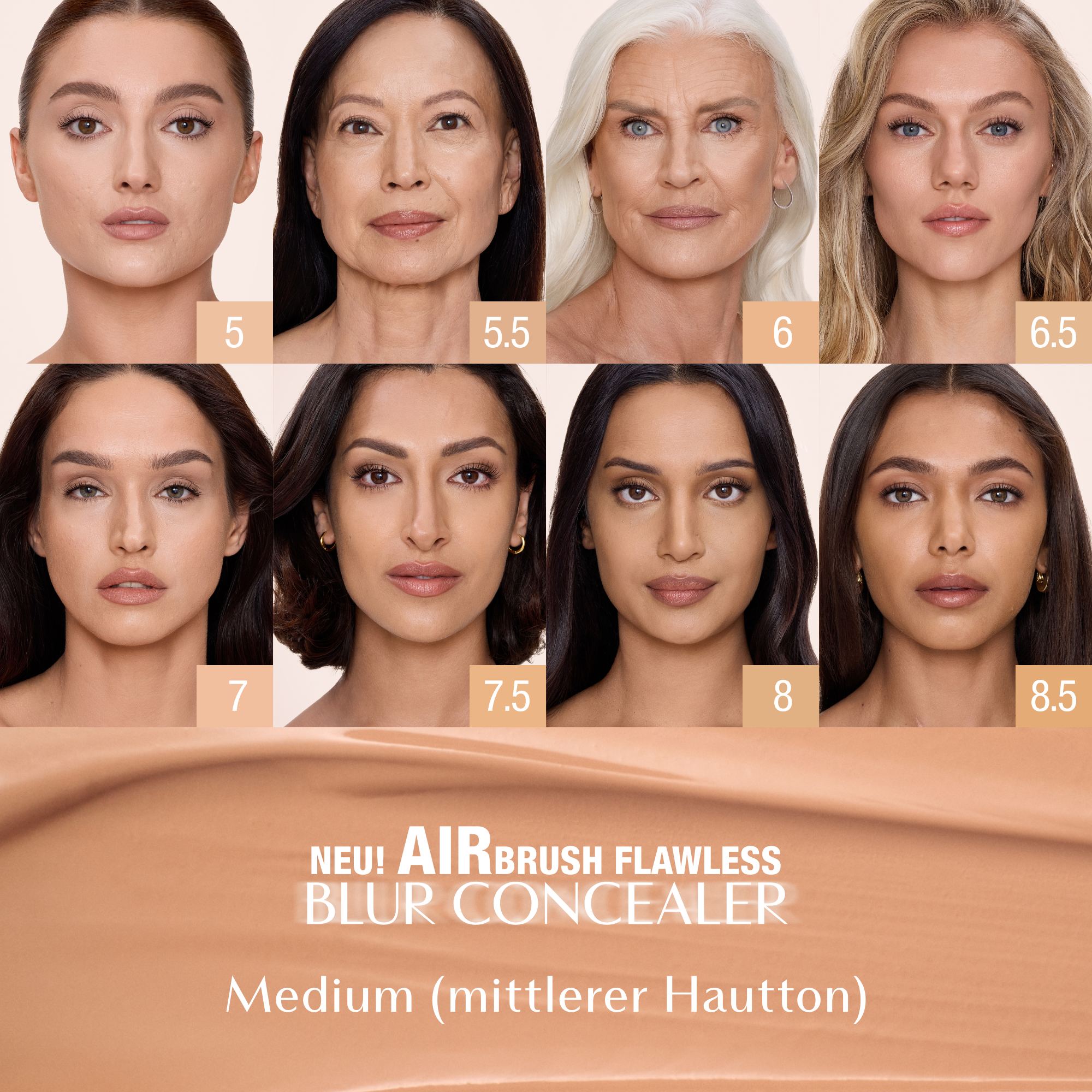 Charlotte Tilbury Airbrush Flawless Blur Concealer Farbkarte für die Medium-Farbtonfamilie mit acht Farbtönen, die mit 5, 5.5, 6, 6.5, 7, 7.5, 8 und 8.5 beschriftet sind, mit Produktname und Text zur Medium-Kategorie.