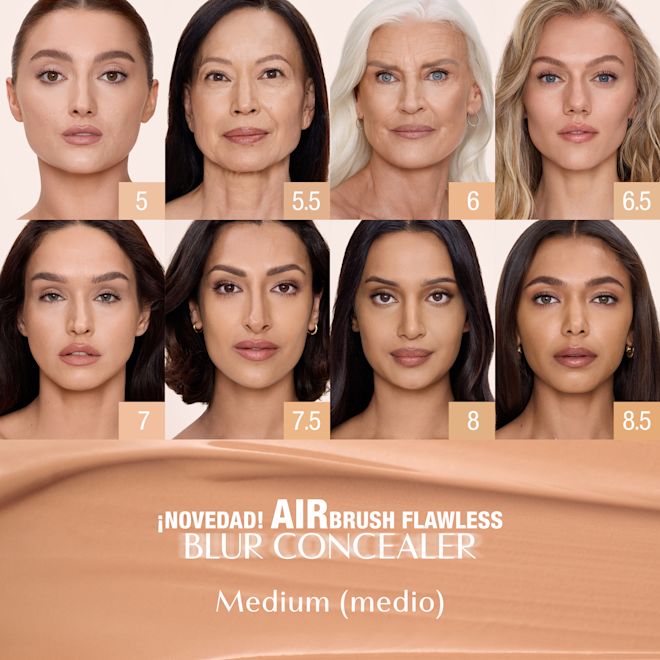Airbrush Flawless Concealer - Familia de tonos medios Carta de tonos de Airbrush Flawless Blur Concealer de Charlotte Tilbury en tonos medios, que muestra ocho tonos etiquetados como 5, 5.5, 6, 6.5, 7, 7.5, 8 y 8.5 con el nombre del producto y el texto de categoría «Medium».