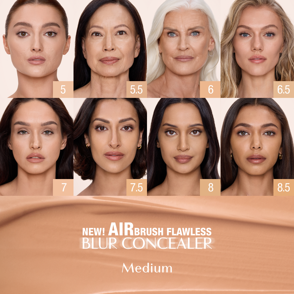 Charlotte Tilbury Airbrush Flawless Blur Concealer shade chart for Medium tones, showing eight shades labeled 5, 5.5, 6, 6.5, 7, 7.5, 8, and 8.5 with product name and Medium category text.