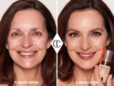 A before-and-after of a light skin model with mature skin without make-up and with make-up while holding a bottle of foundation. 