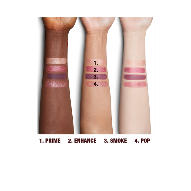 Luxury Palette in Mesmerising Maroon eyeshadow arm swatches Deep, tan, and fair skin arm swatches of eyeshadows in pink, plum and champagne shades.