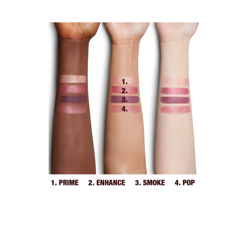 Deep, tan, and fair skin arm swatches of eyeshadows in pink, plum and champagne shades. 