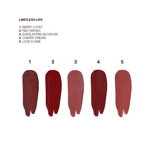 Swatches of 5, universally-flattering red-toned lipsticks with a matte finish in shades called, 'Love flame, cherry dream, everlasting blossom, red wishes, and berry lucky'.